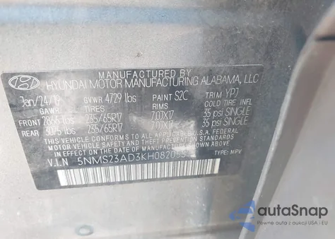 2019 Hyundai Santa Fe Se z USA, uszkodzony, nr VIN 5NMS23AD3KH082055